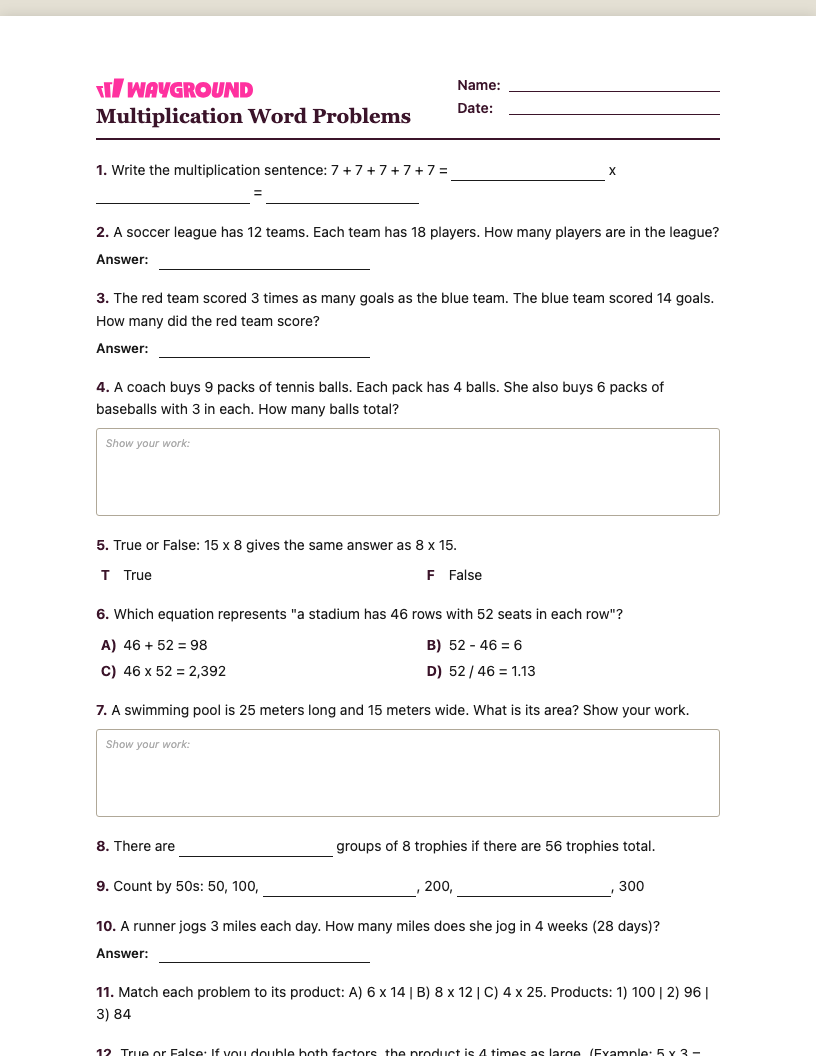 Multiplication Word Problems Worksheet - Imprimível Problemas-de-multiplicação-com-palavras Fichas-de-trabalho - Quizizz