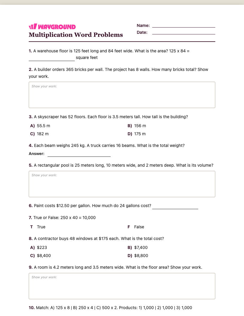 Multiplication Word Problems Worksheet - พิมพ์ได้ โจทย์ปัญหาการคูณ เวิร์กชีท ระดับ 5 - Wayground