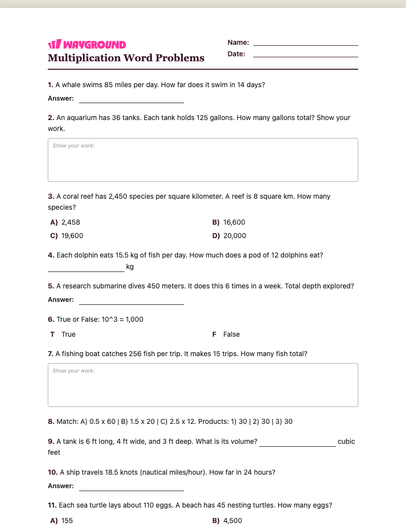 Multiplication Word Problems Worksheet - พิมพ์ได้ โจทย์ปัญหาการคูณ เวิร์กชีท ระดับ 5 - Wayground