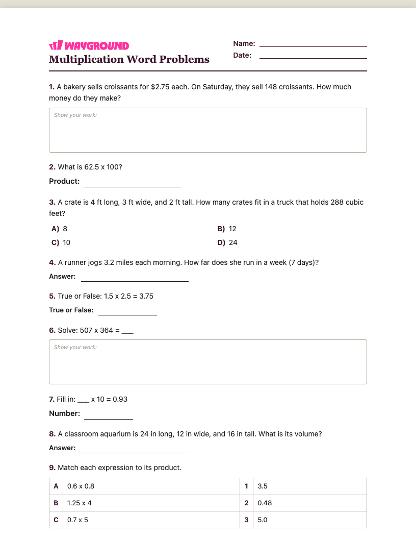 Multiplication Word Problems Worksheet - พิมพ์ได้ โจทย์ปัญหาการคูณ เวิร์กชีท ระดับ 5 - Wayground