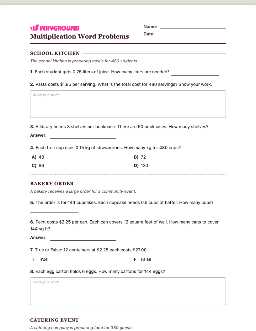 Multiplication Word Problems Worksheet - พิมพ์ได้ โจทย์ปัญหาการคูณ เวิร์กชีท ระดับ 5 - Wayground