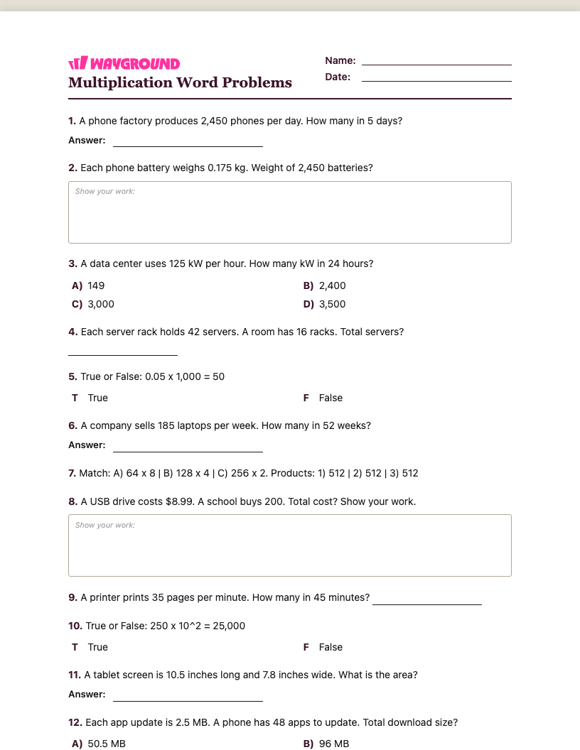 Multiplication Word Problems Worksheet - พิมพ์ได้ โจทย์ปัญหาการคูณ เวิร์กชีท ระดับ 5 - Wayground