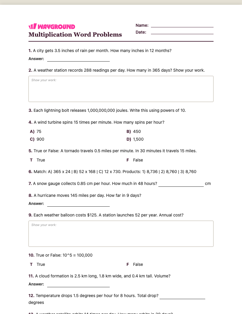 Multiplication Word Problems Worksheet - พิมพ์ได้ โจทย์ปัญหาการคูณ เวิร์กชีท ระดับ 5 - Wayground