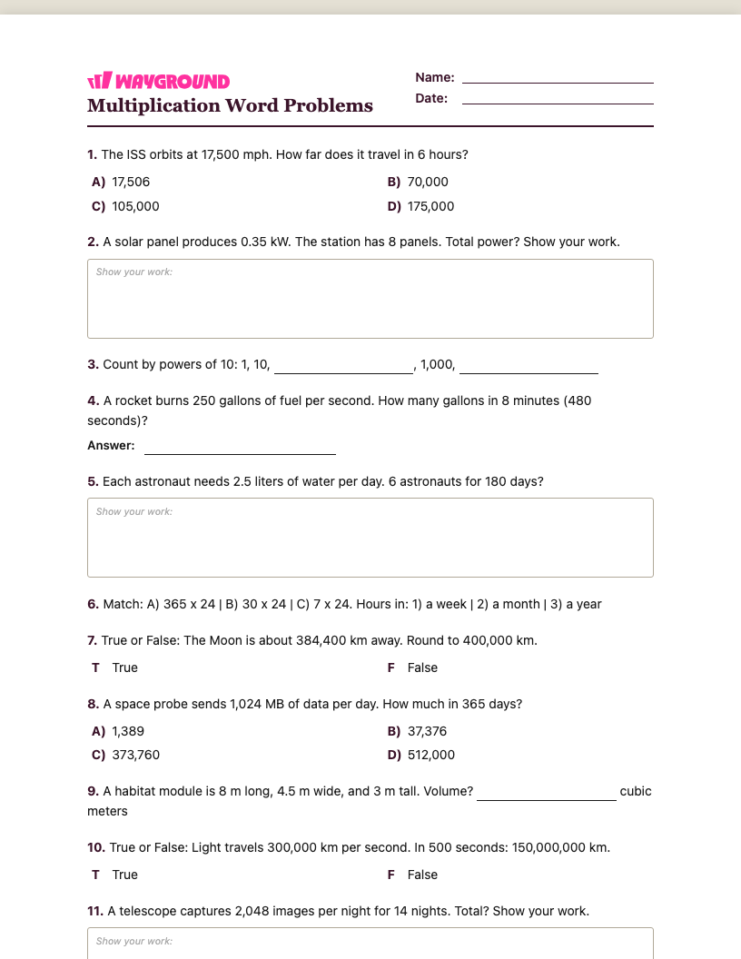 Multiplication Word Problems Worksheet - พิมพ์ได้ โจทย์ปัญหาการคูณ เวิร์กชีท ระดับ 5 - Wayground