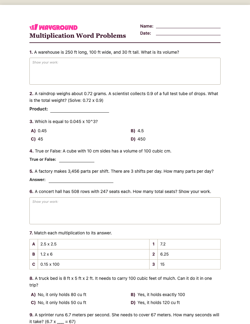 Multiplication Word Problems Worksheet - พิมพ์ได้ โจทย์ปัญหาการคูณ เวิร์กชีท ระดับ 5 - Wayground
