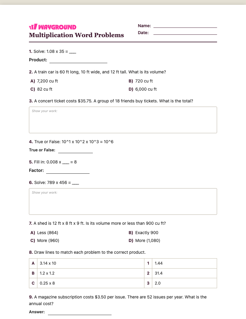Multiplication Word Problems Worksheet - พิมพ์ได้ โจทย์ปัญหาการคูณ เวิร์กชีท ระดับ 5 - Wayground