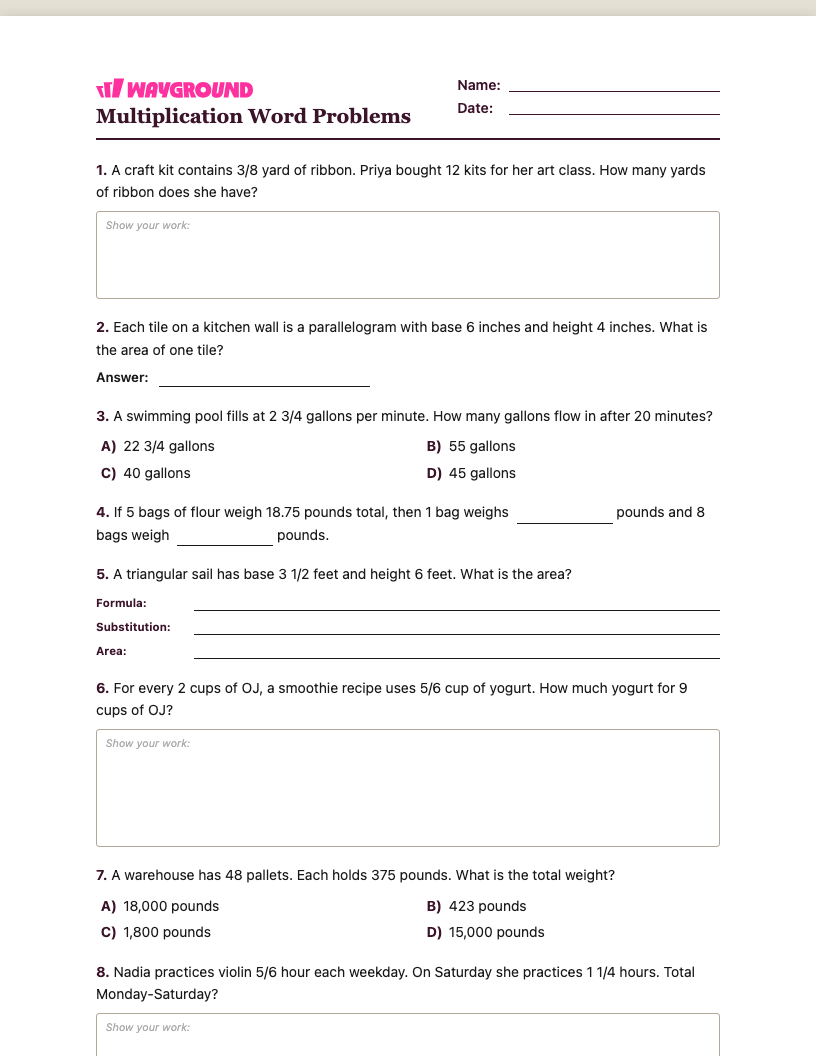 Multiplication Word Problems Worksheet - พิมพ์ได้ โจทย์ปัญหาการคูณ เวิร์กชีท ระดับ 6 - Wayground