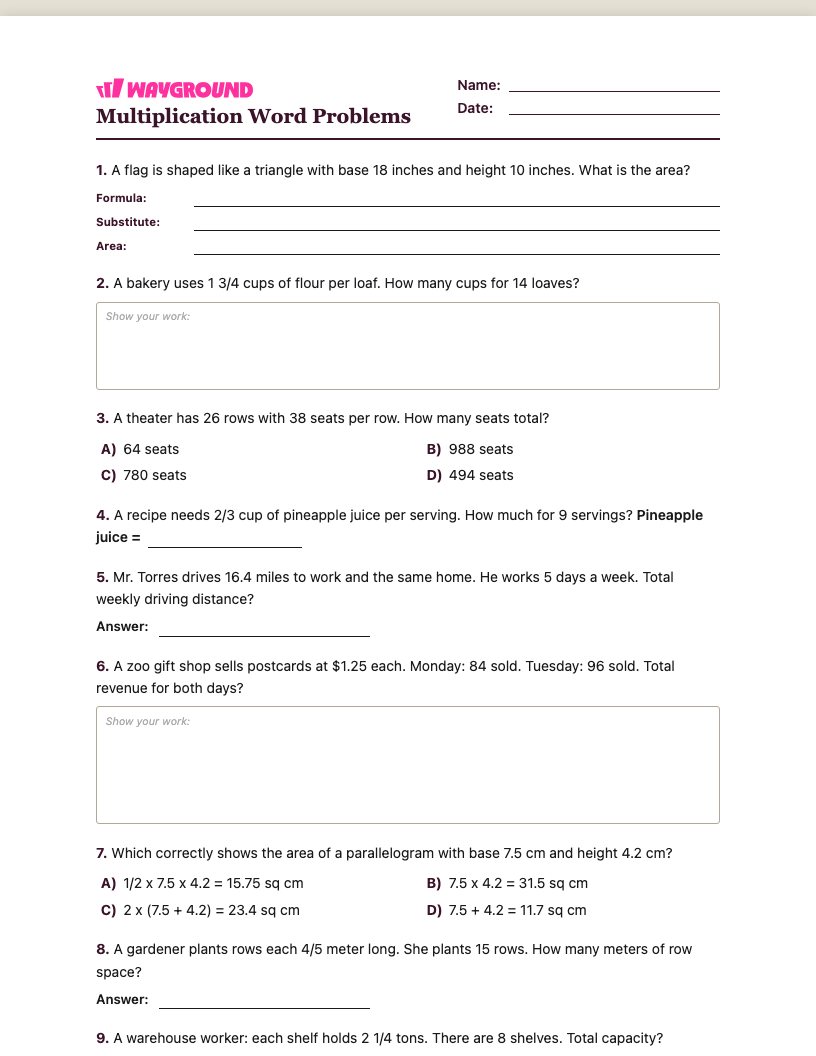 Multiplication Word Problems Worksheet - พิมพ์ได้ โจทย์ปัญหาการคูณ เวิร์กชีท ระดับ 6 - Wayground