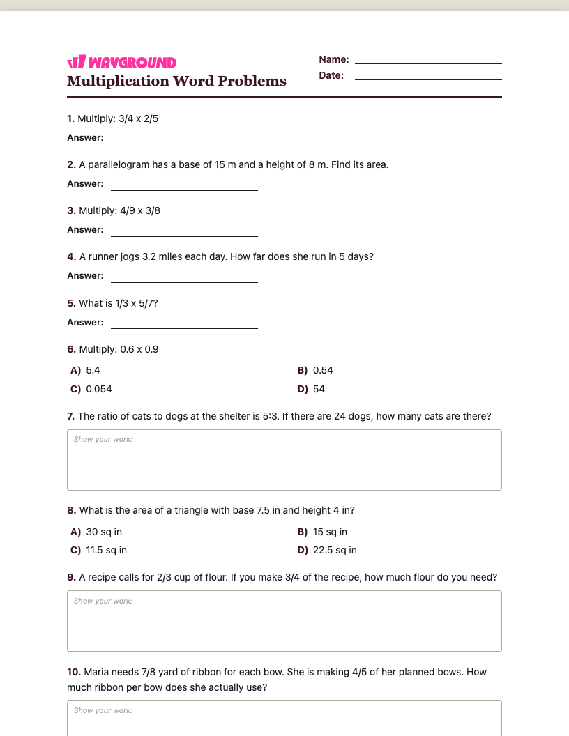 Multiplication Word Problems Worksheet - พิมพ์ได้ โจทย์ปัญหาการคูณ เวิร์กชีท ระดับ 6 - Wayground