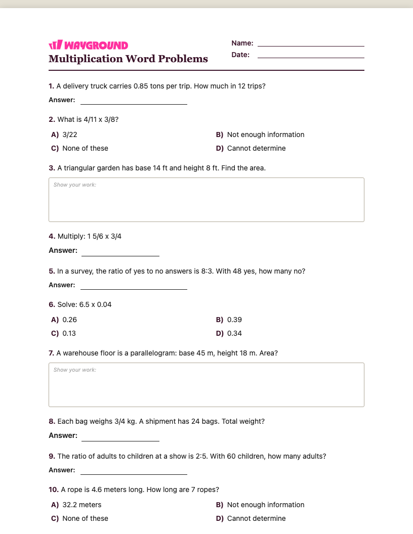 Multiplication Word Problems Worksheet - พิมพ์ได้ โจทย์ปัญหาการคูณ เวิร์กชีท ระดับ 6 - Wayground