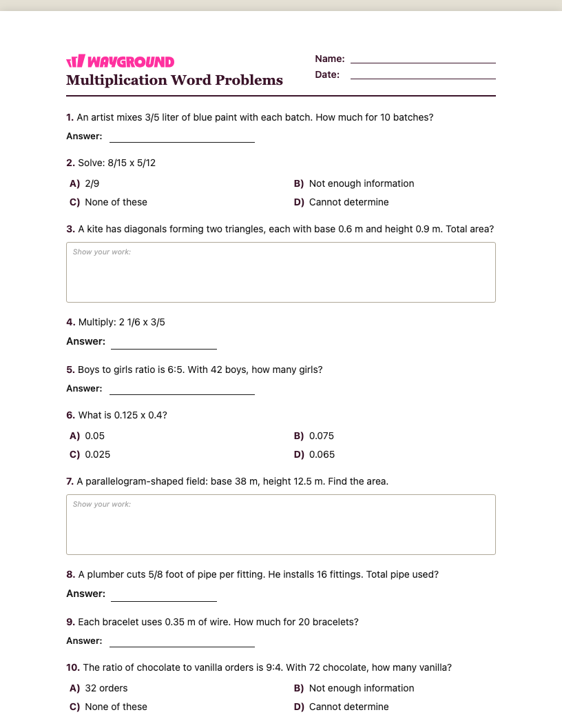 Multiplication Word Problems Worksheet - พิมพ์ได้ โจทย์ปัญหาการคูณ เวิร์กชีท ระดับ 6 - Wayground