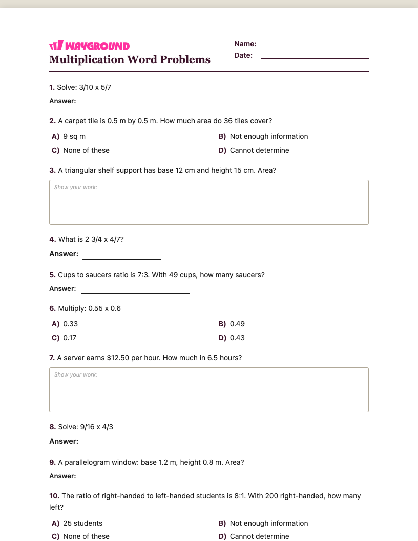 Multiplication Word Problems Worksheet - พิมพ์ได้ โจทย์ปัญหาการคูณ เวิร์กชีท ระดับ 6 - Wayground
