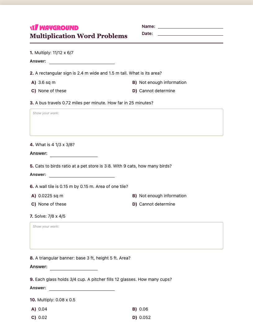 Multiplication Word Problems Worksheet - พิมพ์ได้ โจทย์ปัญหาการคูณ เวิร์กชีท ระดับ 6 - Wayground