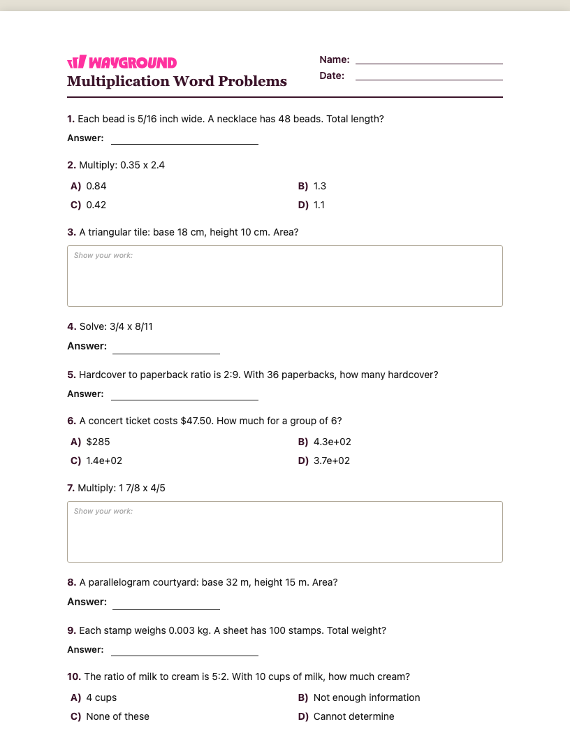 Multiplication Word Problems Worksheet - พิมพ์ได้ โจทย์ปัญหาการคูณ เวิร์กชีท ระดับ 6 - Wayground