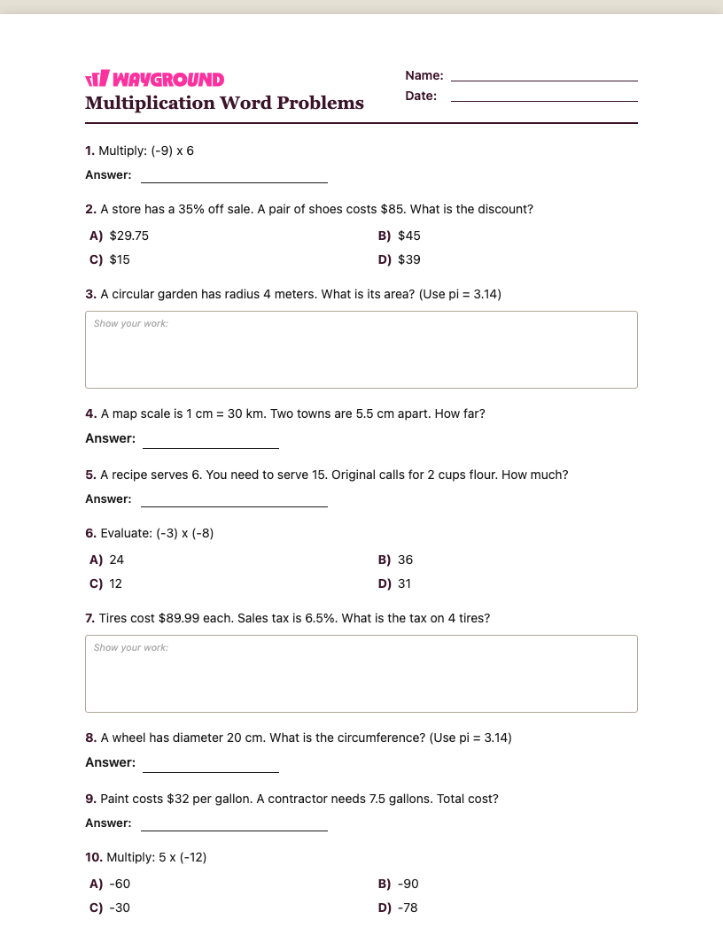Multiplication Word Problems Worksheet - พิมพ์ได้ โจทย์ปัญหาการคูณ เวิร์กชีท ระดับ 7 - Wayground