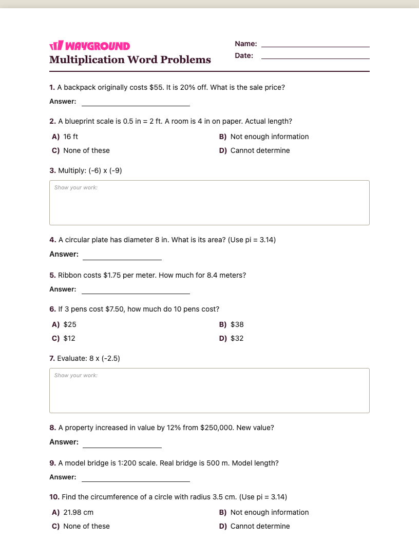 Multiplication Word Problems Worksheet - พิมพ์ได้ โจทย์ปัญหาการคูณ เวิร์กชีท ระดับ 7 - Wayground