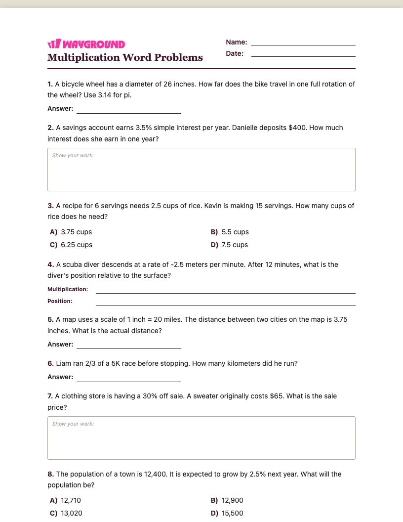 Multiplication Word Problems Worksheet - พิมพ์ได้ โจทย์ปัญหาการคูณ เวิร์กชีท ระดับ 7 - Wayground