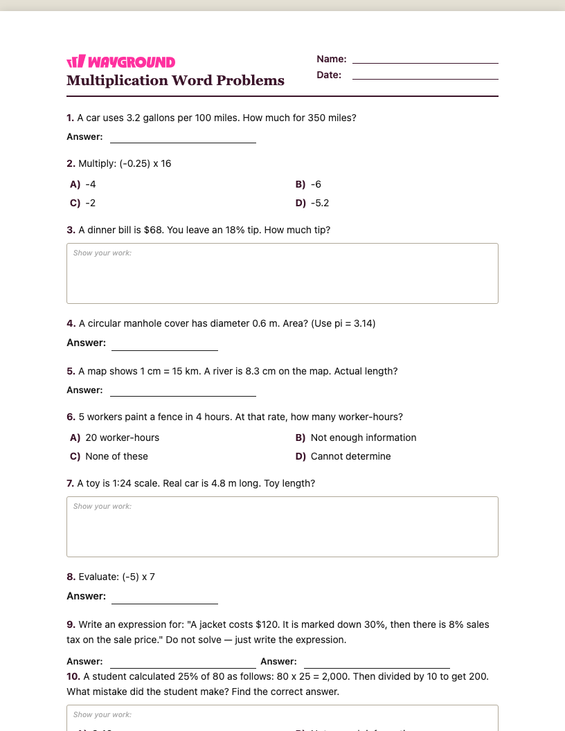Multiplication Word Problems Worksheet - พิมพ์ได้ โจทย์ปัญหาการคูณ เวิร์กชีท ระดับ 7 - Wayground
