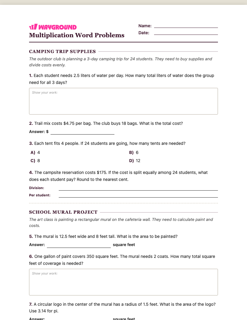 Multiplication Word Problems Worksheet - พิมพ์ได้ โจทย์ปัญหาการคูณ เวิร์กชีท ระดับ 7 - Wayground