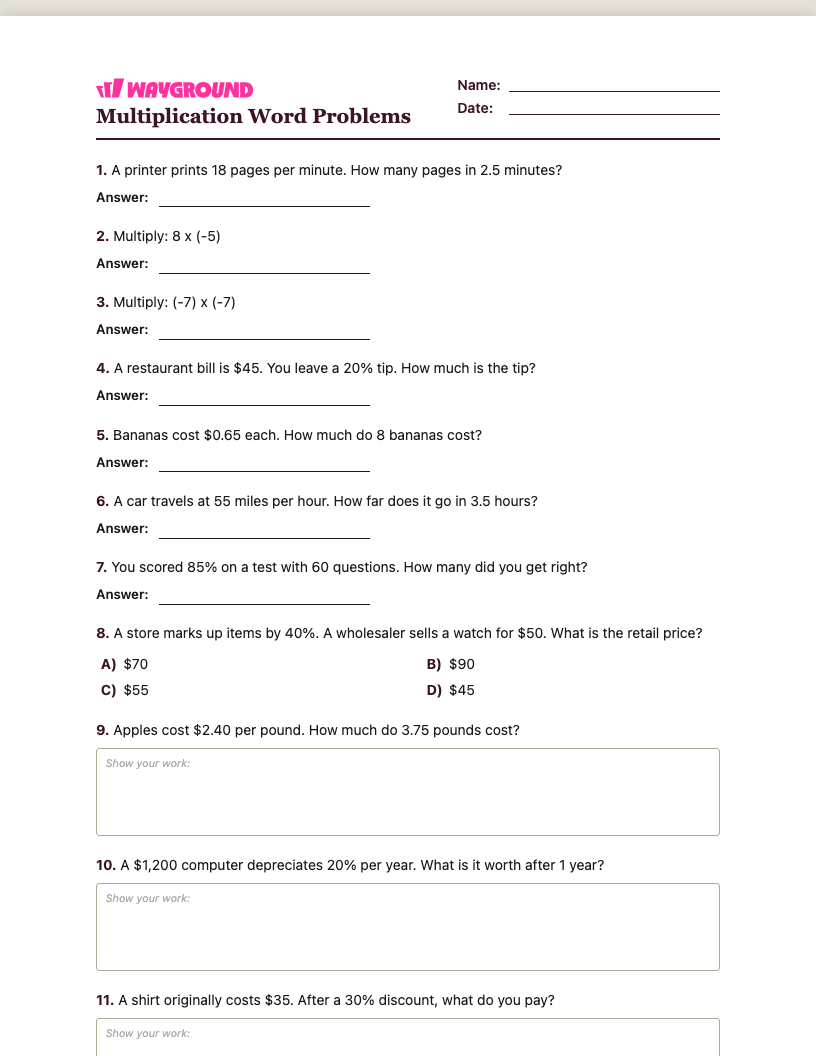 Multiplication Word Problems Worksheet - Imprimível Problemas-de-multiplicação-com-palavras Fichas-de-trabalho - Quizizz