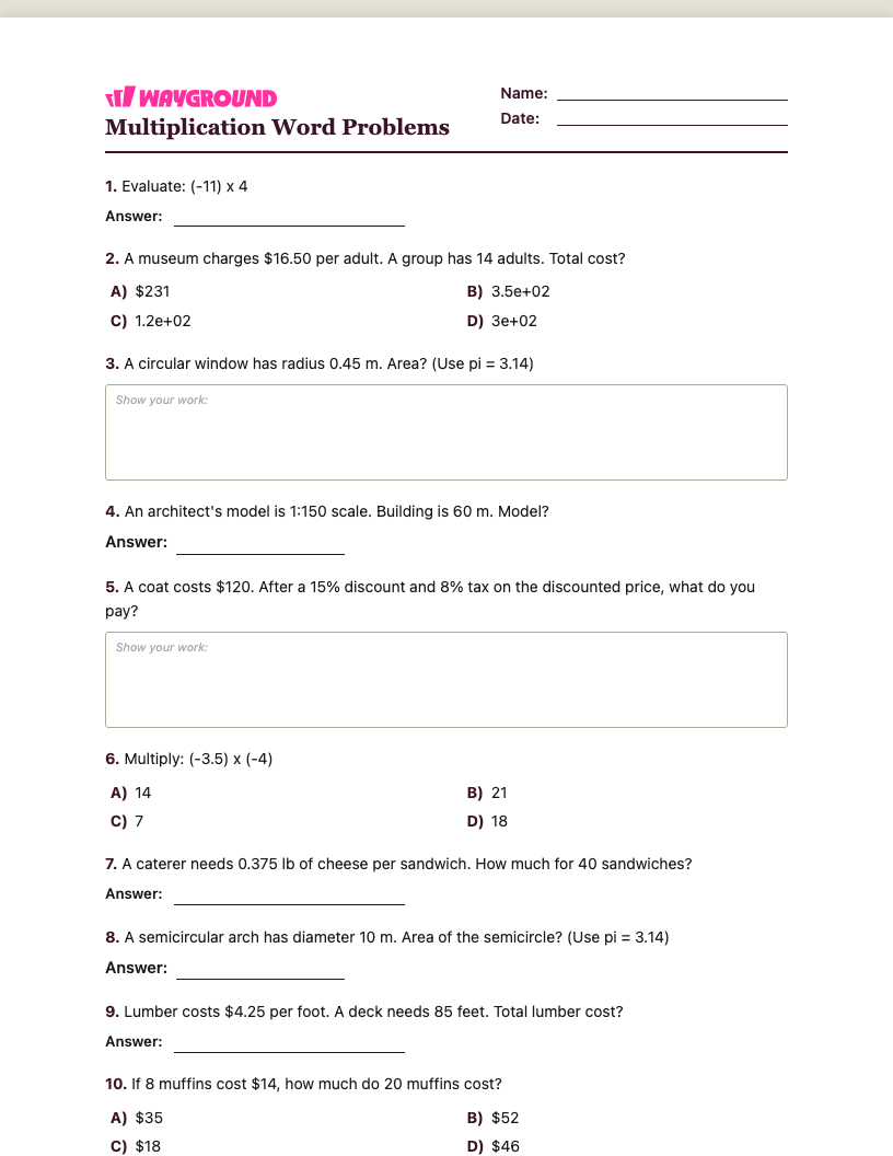 Multiplication Word Problems Worksheet - พิมพ์ได้ โจทย์ปัญหาการคูณ เวิร์กชีท ระดับ 7 - Wayground