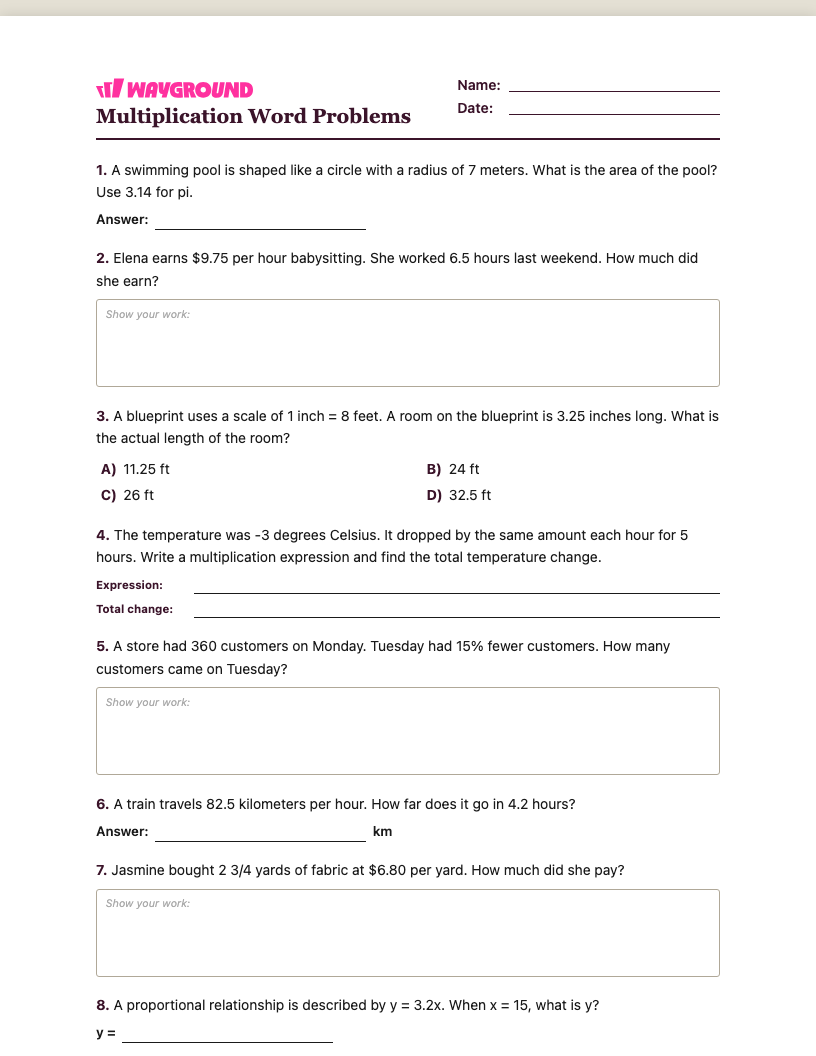 Multiplication Word Problems Worksheet - พิมพ์ได้ โจทย์ปัญหาการคูณ เวิร์กชีท ระดับ 7 - Wayground