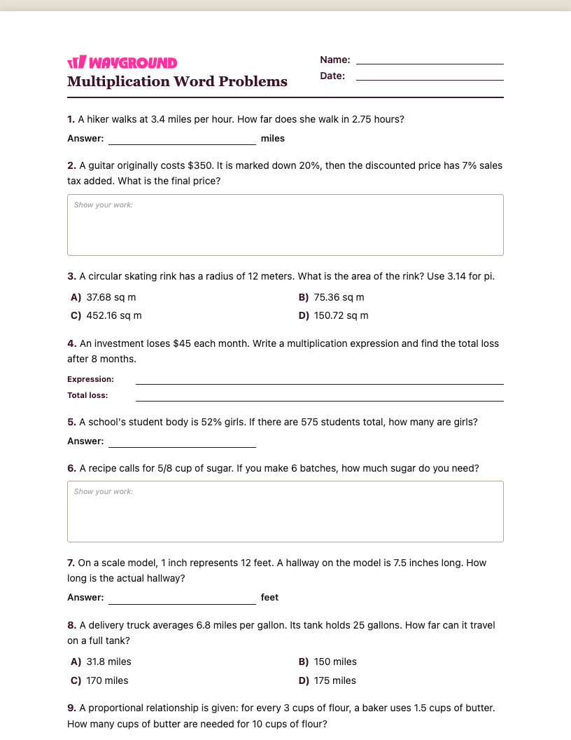 Multiplication Word Problems Worksheet - พิมพ์ได้ โจทย์ปัญหาการคูณ เวิร์กชีท ระดับ 7 - Wayground