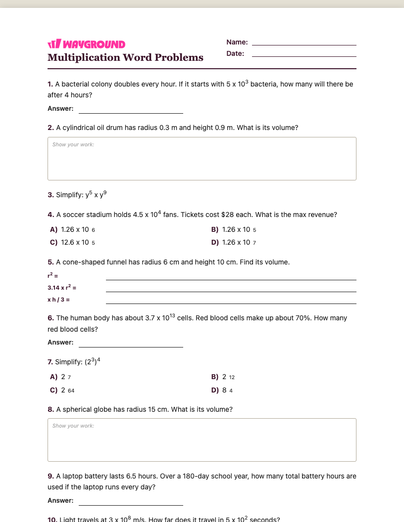 Multiplication Word Problems Worksheet - พิมพ์ได้ โจทย์ปัญหาการคูณ เวิร์กชีท ระดับ 8 - Wayground