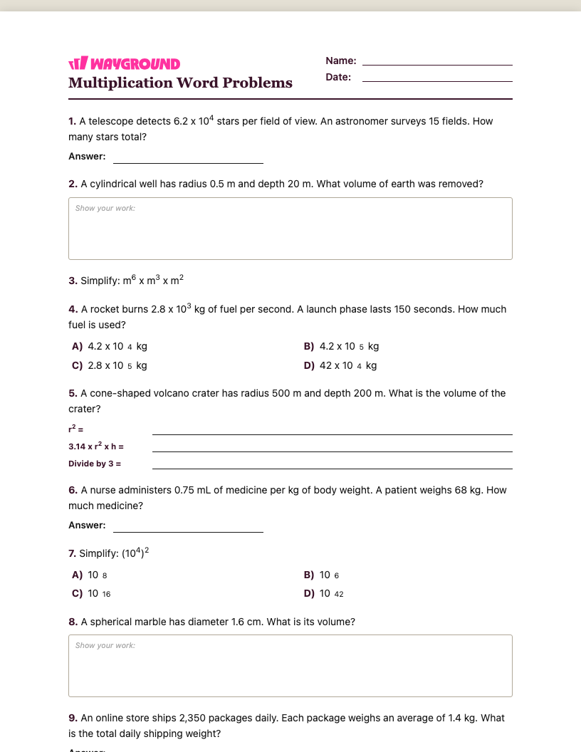 Multiplication Word Problems Worksheet - พิมพ์ได้ โจทย์ปัญหาการคูณ เวิร์กชีท ระดับ 8 - Wayground