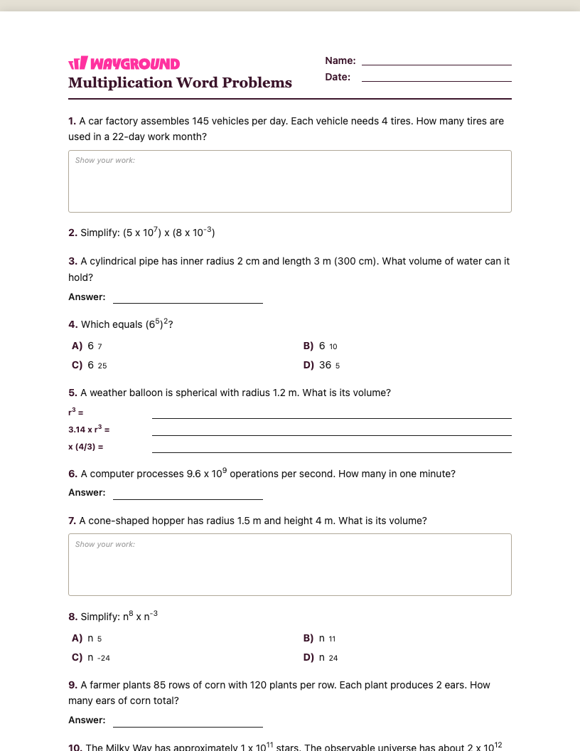 Multiplication Word Problems Worksheet - พิมพ์ได้ โจทย์ปัญหาการคูณ เวิร์กชีท ระดับ 8 - Wayground
