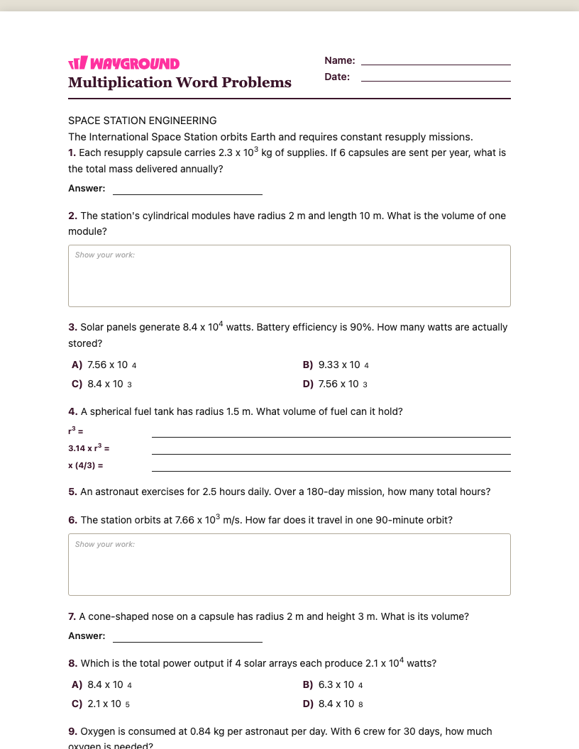 Multiplication Word Problems Worksheet - พิมพ์ได้ โจทย์ปัญหาการคูณ เวิร์กชีท ระดับ 8 - Wayground