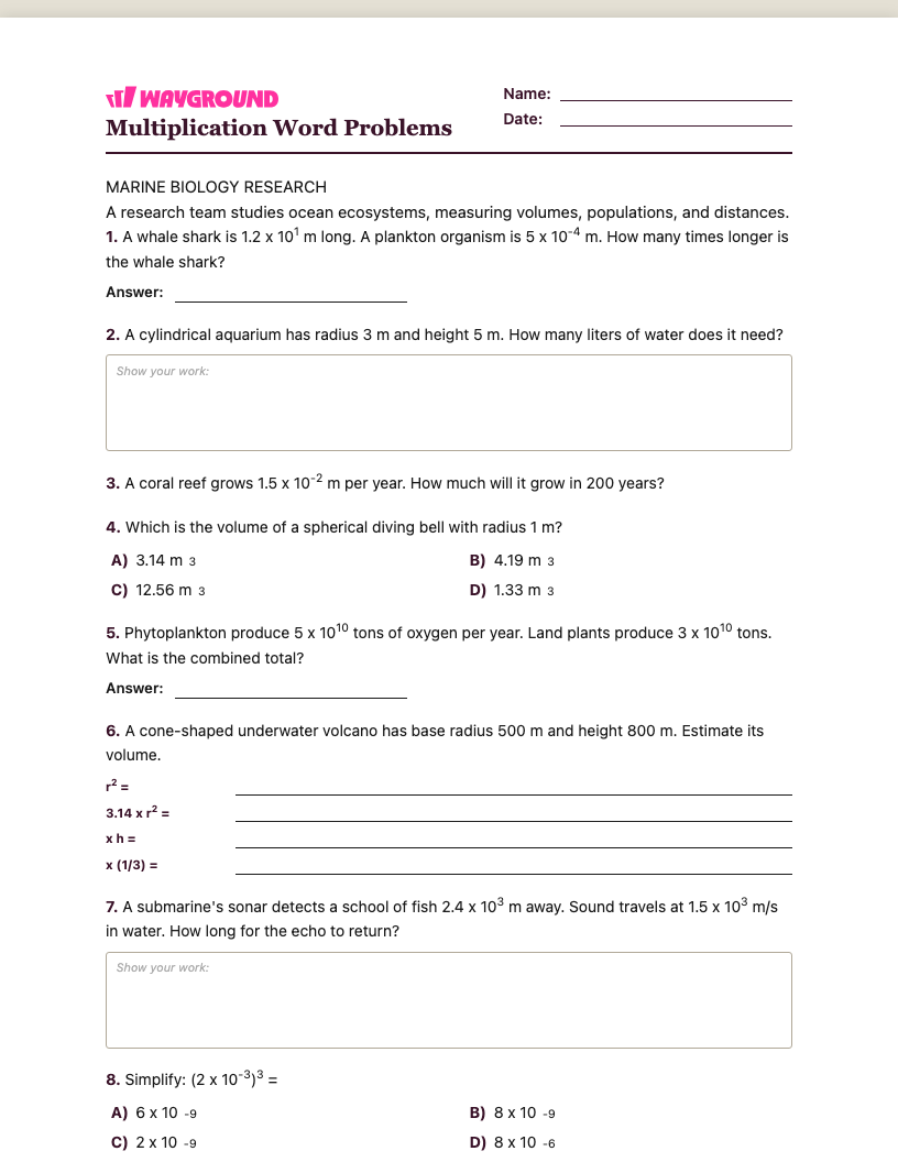 Multiplication Word Problems Worksheet - พิมพ์ได้ โจทย์ปัญหาการคูณ เวิร์กชีท ระดับ 8 - Wayground