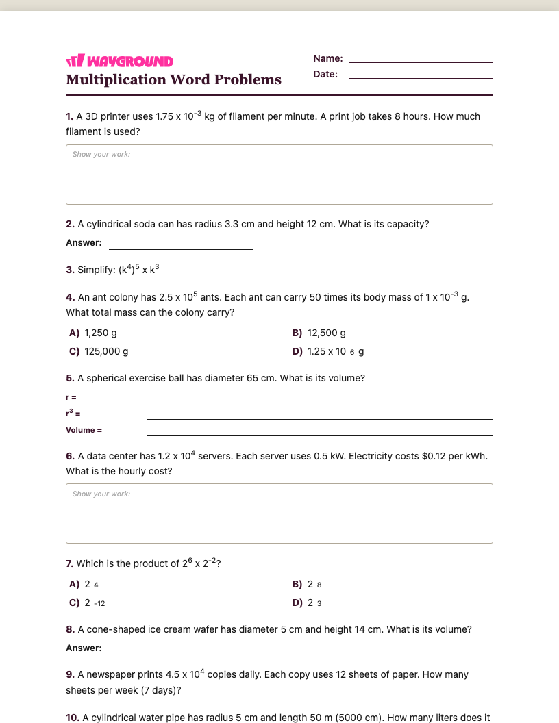 Multiplication Word Problems Worksheet - พิมพ์ได้ โจทย์ปัญหาการคูณ เวิร์กชีท ระดับ 8 - Wayground