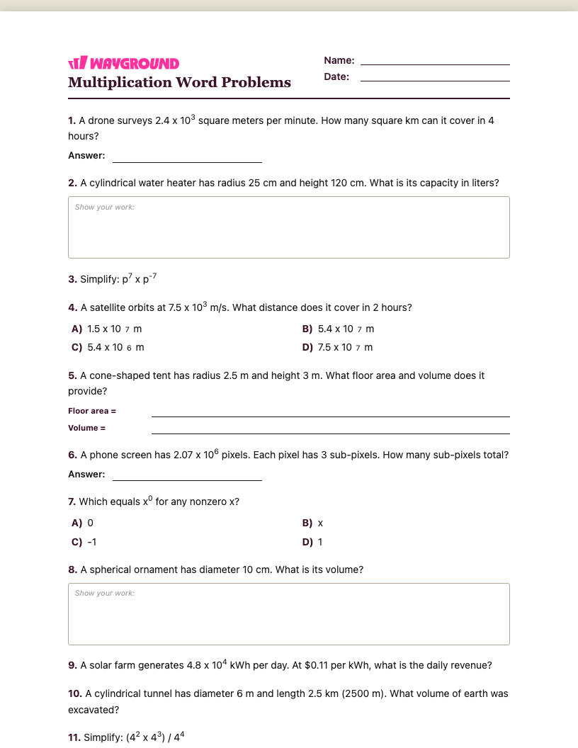 Multiplication Word Problems Worksheet - พิมพ์ได้ โจทย์ปัญหาการคูณ เวิร์กชีท ระดับ 8 - Wayground