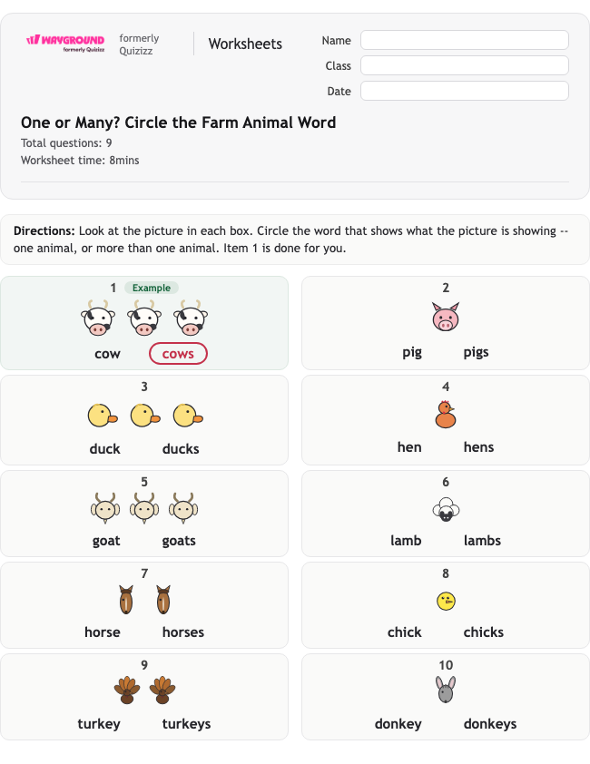 One or Many? Circle the Farm Animal Word - Printable Rzeczowniki Karty-pracy Klasa 1 - Wayground