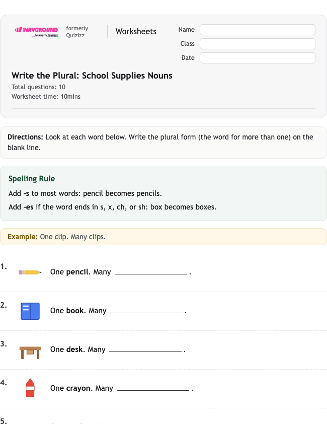 Write the Plural: School Supplies Nouns - Printable Rzeczowniki Karty-pracy Klasa 1 - Wayground