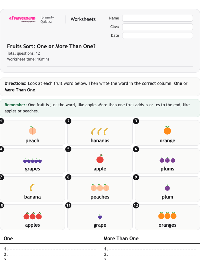 Fruits Sort: One or More Than One? - Printable Rzeczowniki Karty-pracy Klasa 1 - Wayground