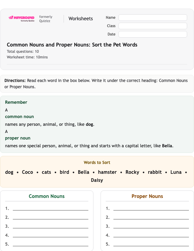 Common Nouns and Proper Nouns: Sort the Pet Words - Printable Rzeczowniki Karty-pracy Klasa 1 - Wayground