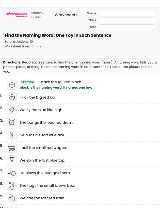 Find the Naming Word: One Toy in Each Sentence - Printable Rzeczowniki Karty-pracy Klasa 1 - Wayground