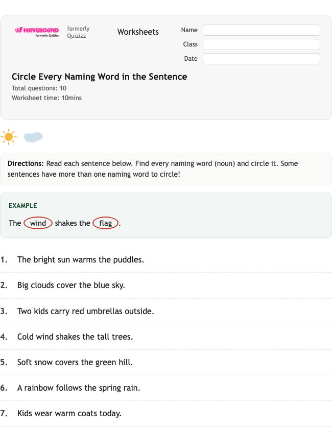 Circle Every Naming Word in the Sentence - Printable Rzeczowniki Karty-pracy Klasa 1 - Wayground