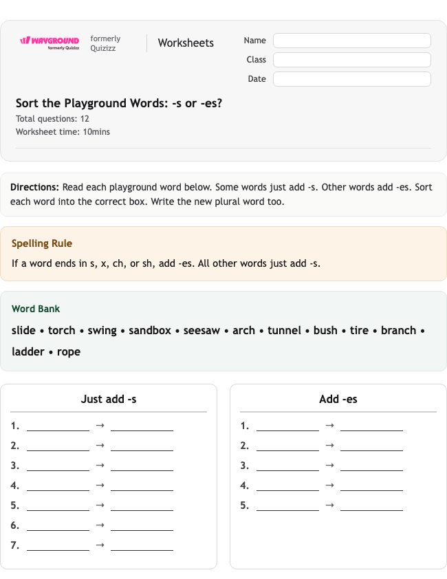 Sort the Playground Words: -s or -es? - Printable Rzeczowniki Karty-pracy Klasa 1 - Wayground