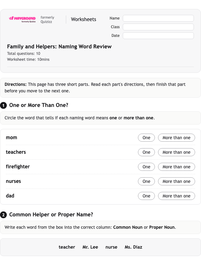 Family and Helpers: Naming Word Review - Printable Rzeczowniki Karty-pracy Klasa 1 - Wayground