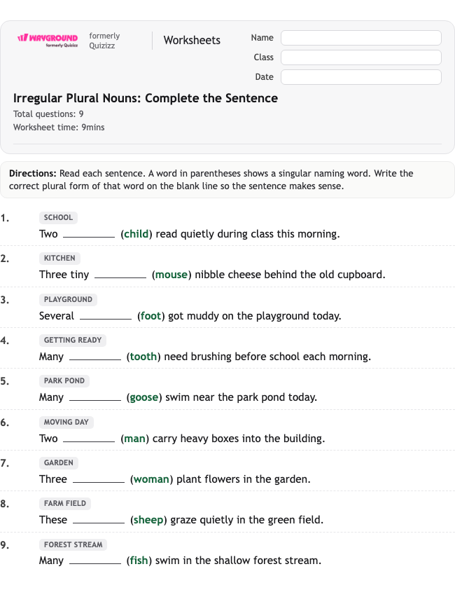 Irregular Plural Nouns: Complete the Sentence - Nadający się do druku Rzeczowniki Karty-pracy Klasa 2 - Wayground