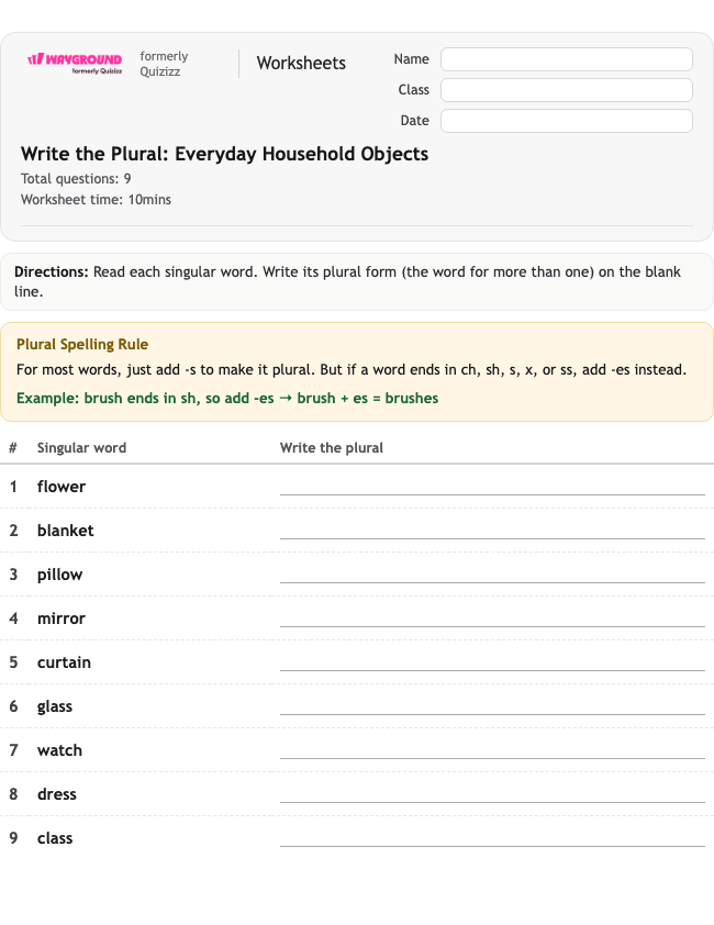 Write the Plural: Everyday Household Objects - Nadający się do druku Rzeczowniki Karty-pracy Klasa 2 - Wayground