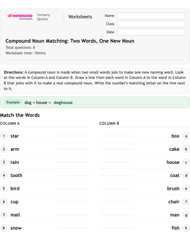 Compound Noun Matching: Two Words, One New Noun - Nadający się do druku Rzeczowniki Karty-pracy Klasa 2 - Wayground