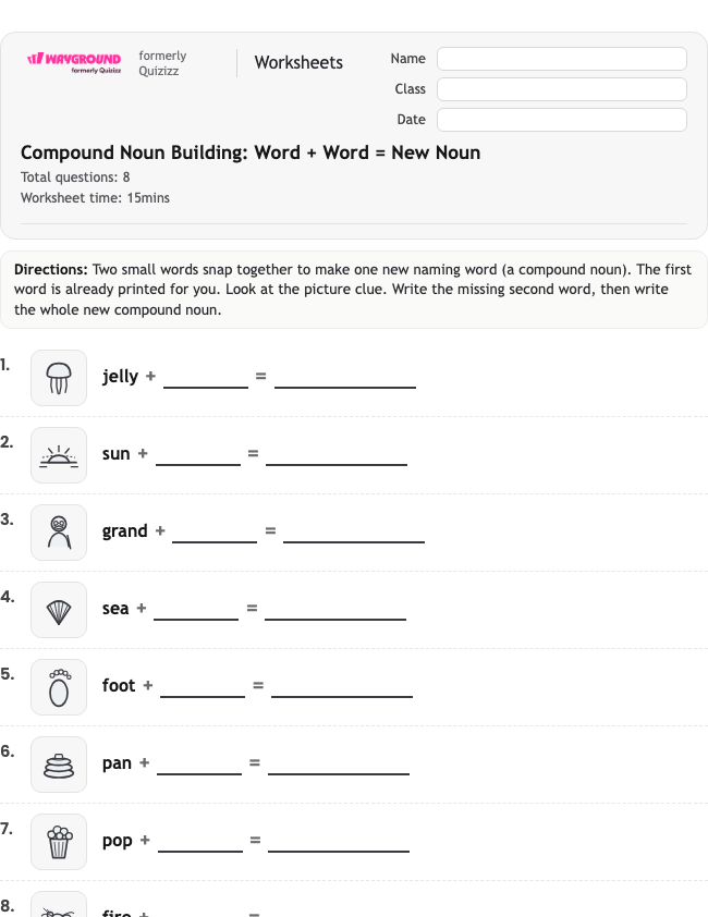 Compound Noun Building: Word + Word = New Noun - Nadający się do druku Rzeczowniki Karty-pracy Klasa 2 - Wayground
