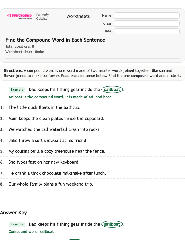 Find the Compound Word in Each Sentence - Nadający się do druku Rzeczowniki Karty-pracy Klasa 2 - Wayground
