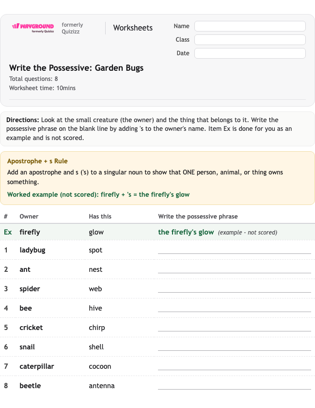 Write the Possessive: Garden Bugs - Nadający się do druku Rzeczowniki Karty-pracy Klasa 3 - Wayground