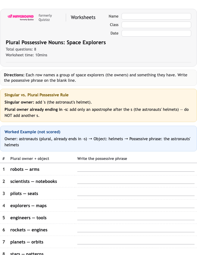 Plural Possessive Nouns: Space Explorers - Nadający się do druku Rzeczowniki Karty-pracy Klasa 3 - Wayground