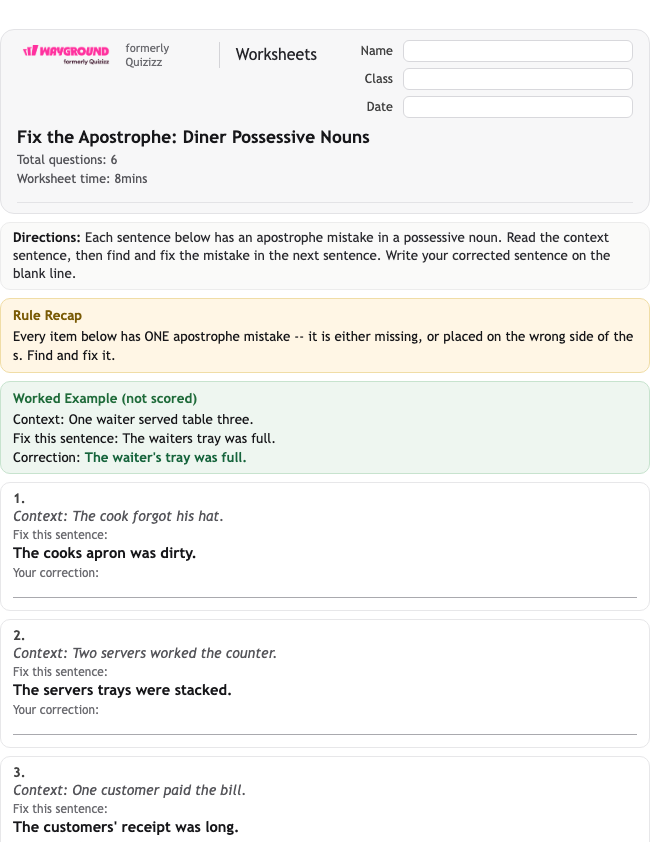 Fix the Apostrophe: Diner Possessive Nouns - Nadający się do druku Rzeczowniki Karty-pracy Klasa 3 - Wayground